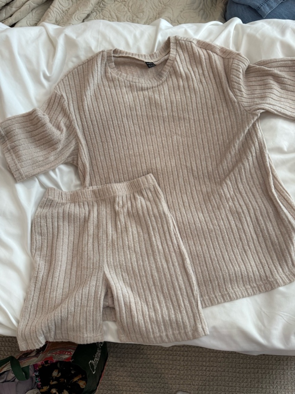 Beige Ribbed Knit Top and Shorts Set
